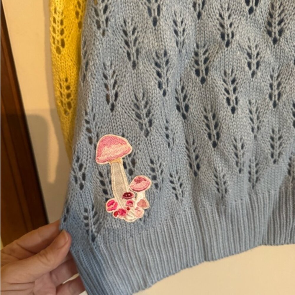 🌈🍄 SHEIN Colorblock Pointelle Cardigan w/ Mushroom Patches 🍄🌈 Size large - Picture 2 of 5